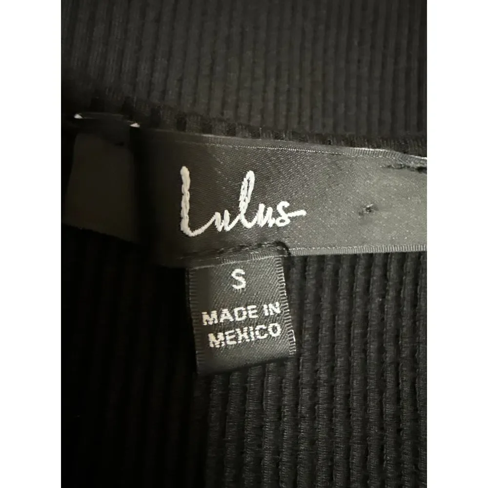 Lulus Black Long Sleeve Mesh Ribbed Knit Sweetheart Blouse Bodycon Top Size S